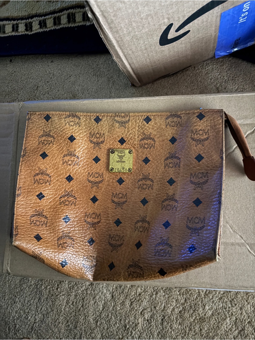 MCM Brown Visetos Logo Toiletry Pouch
